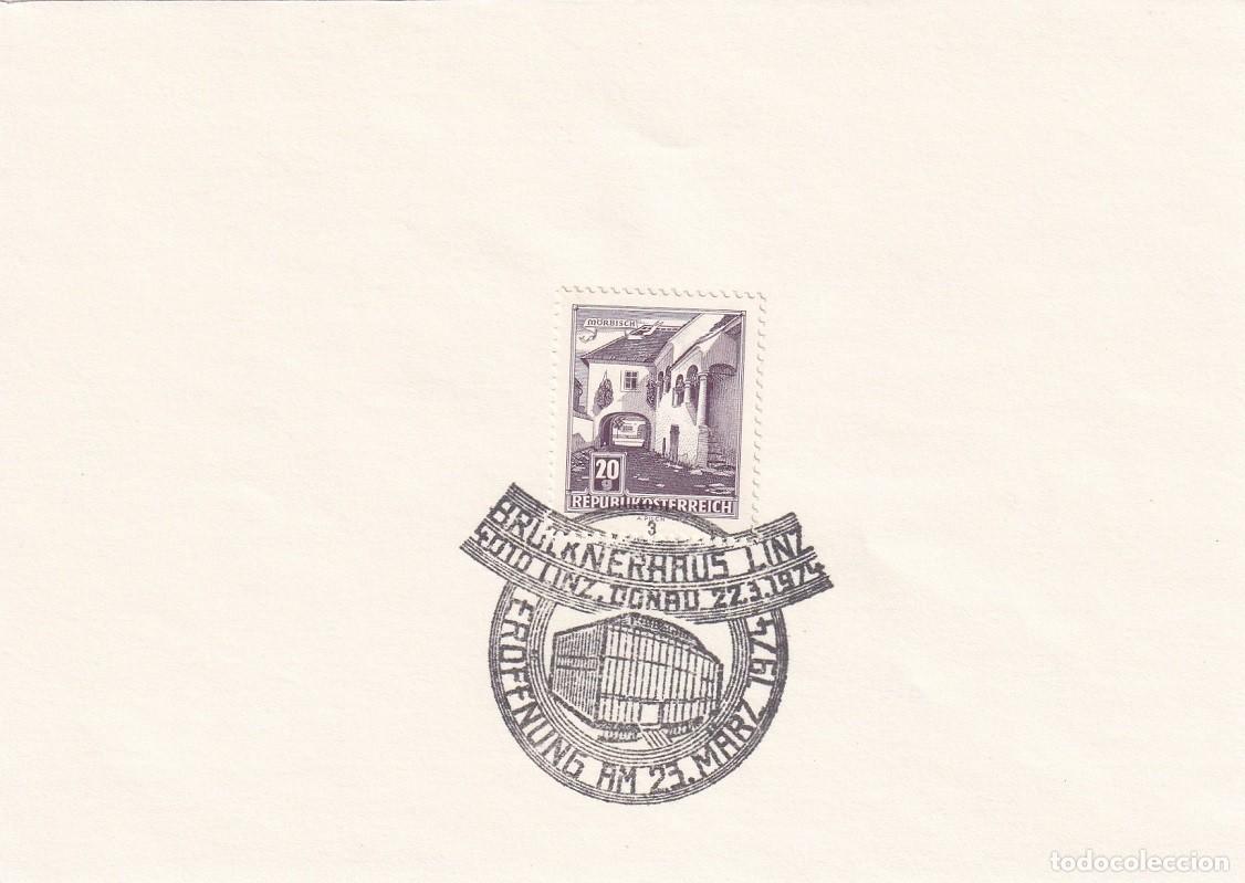 Timbres: Hojita Austria 1961 Granja de M&ouml;rbisch - Marcofilia 1974 - Inauguraci&oacute;n de Brucknerhaus de Linz