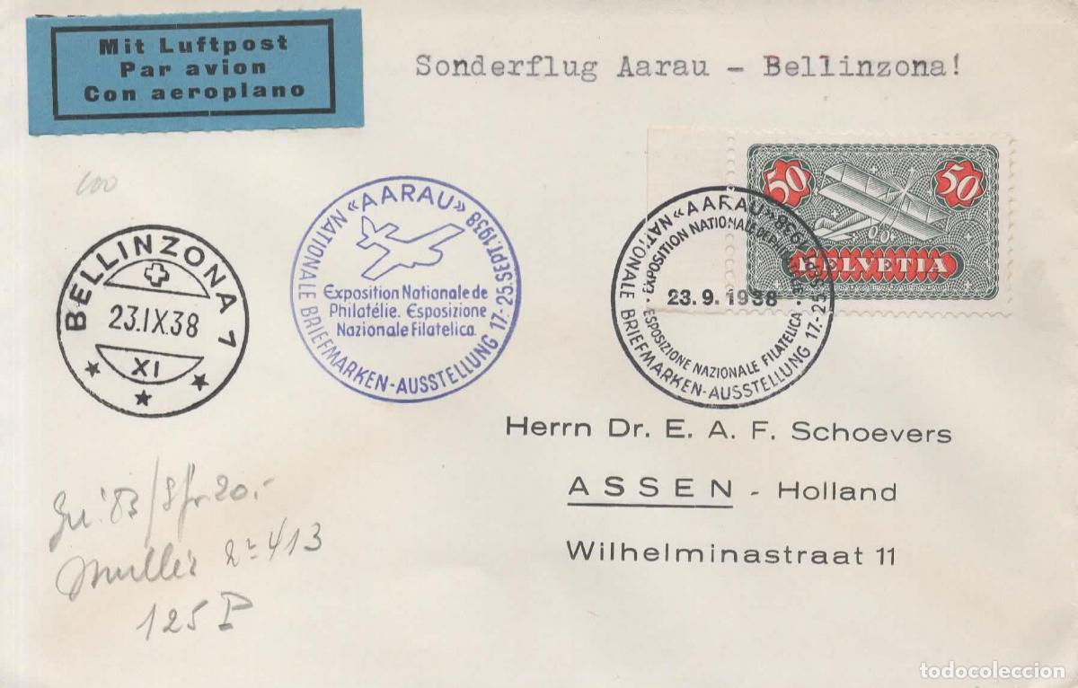 Sellos: SUIZA 1938 AARAU EXPOSICION FILATELICA CORREO AEREO ESPECIAL A BELLINZONA