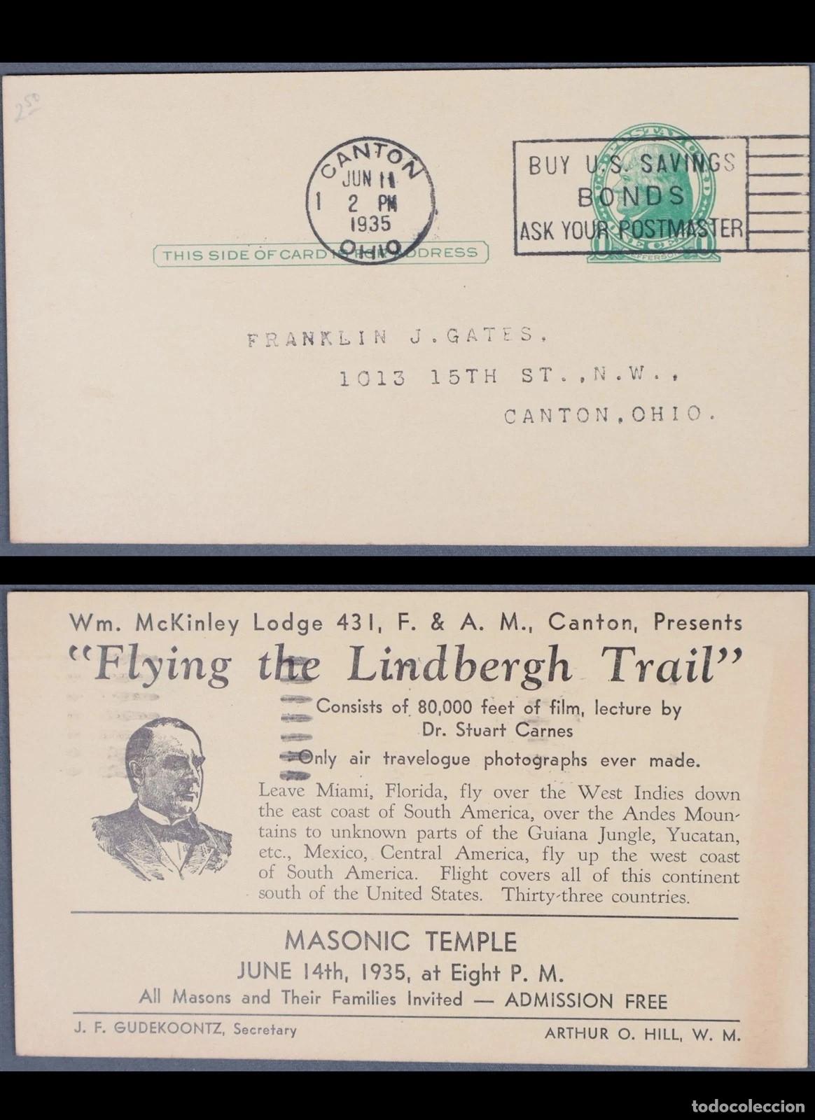 Stamps: ESTADOS UNIDOS USA ENTERO POSTAL 1935 LINDBERGH TRAIL AVIACION CINE FILM MASONERIA FOTOGRAFIA
