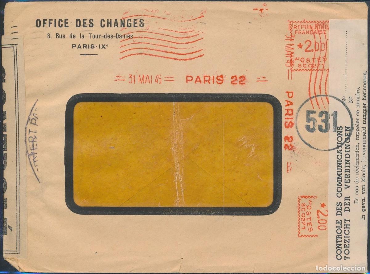 Sellos: FRANCIA PARIS 1945 OFFICE DES CHANGES DOBLE CENSURA FRANCIA HOLANDA