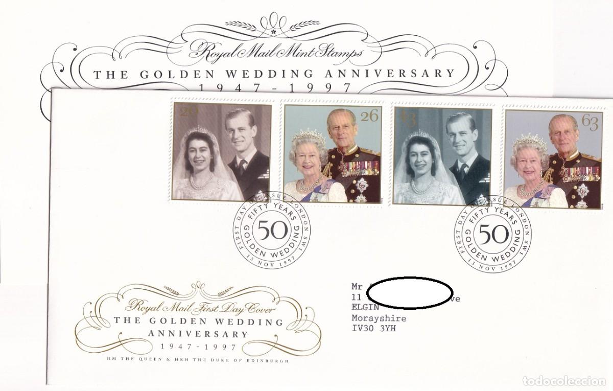 Francobolli: FDC + Tarjeta Gran Breta&ntilde;a 1997 - Bodas de oro de la Reina Isabel II y del Pr&iacute;ncipe Felipe - The gol