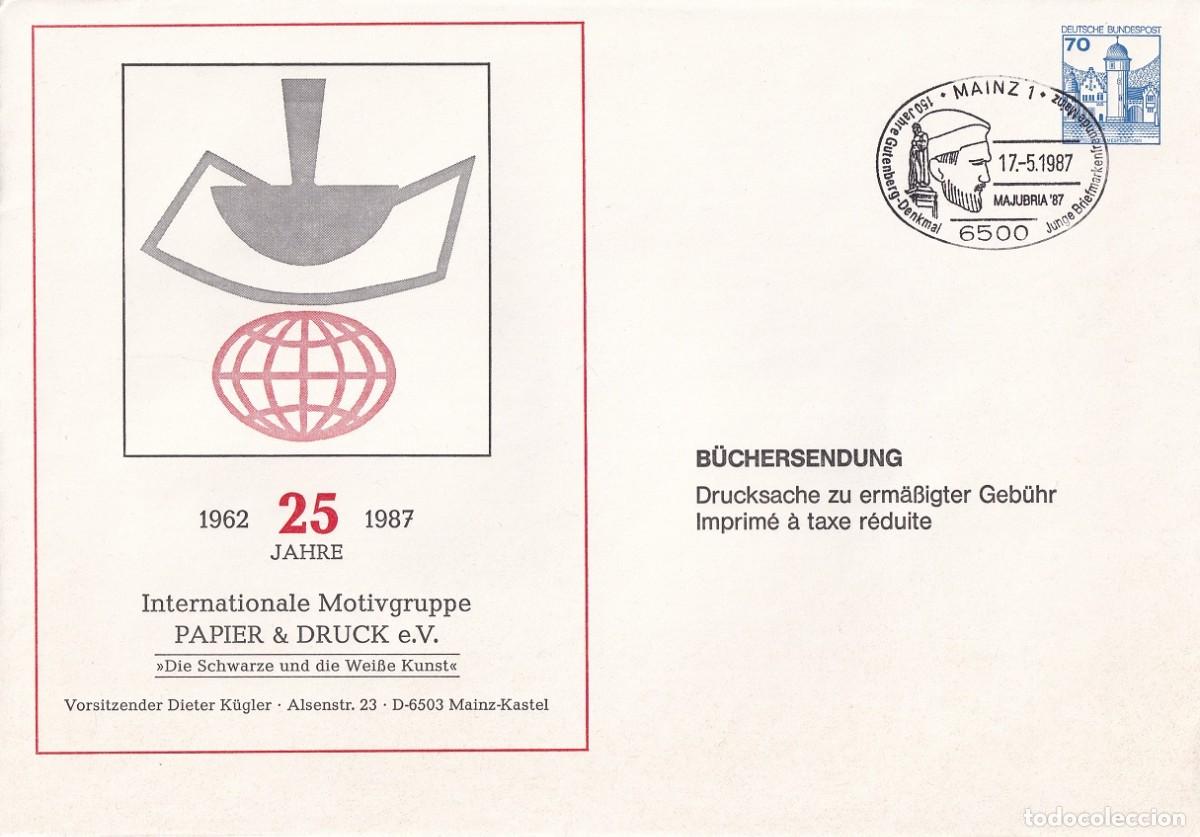 Sellos: Sobre Alemania RFA 1987 - Majubria 87 - 150 Aniversario del Monumento a Gutenberg - 25 Jahre Inte...
