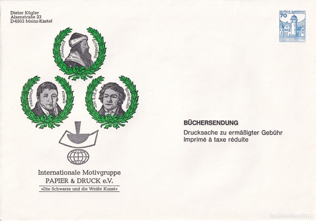 Sellos: Sobre entero postal Alemania RFA - Johannes Gutenberg - Friedrich Koenig - Alois Senefelder