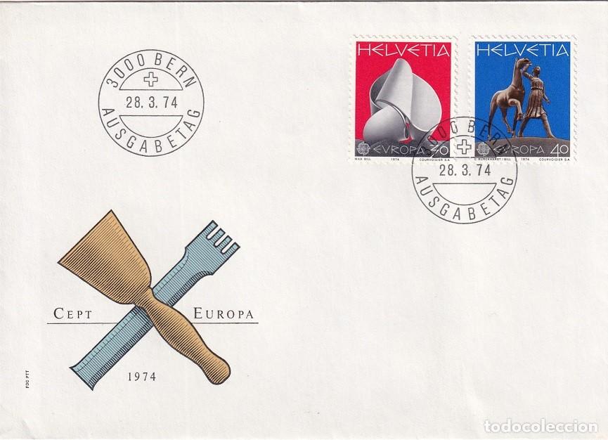 Selos: FDC Suiza Helvetia 1974 - Emisi&oacute;n Europa CEPT - Continuidad de Max Bill - Amazona de Carl Burckhardt