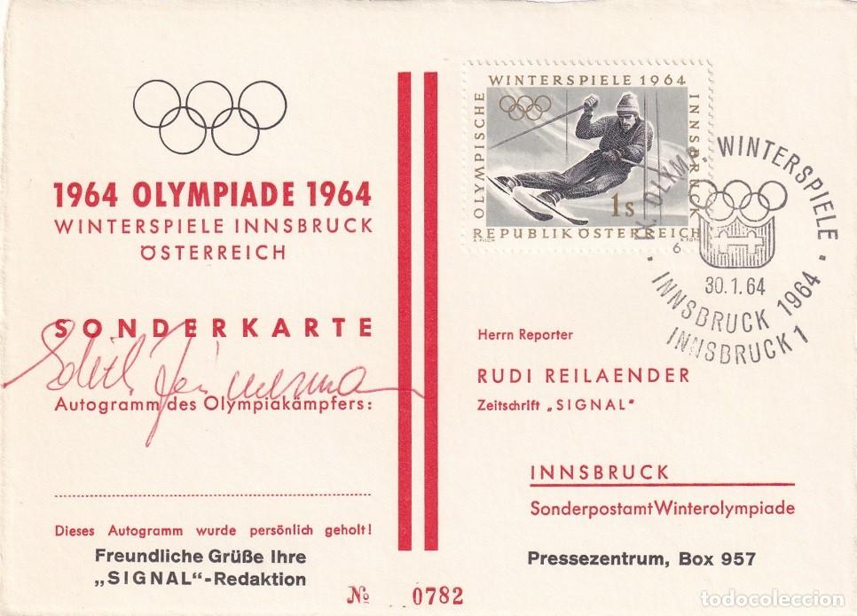 Sellos: Austria 1964 Juegos Ol&iacute;mpicos de Innsbruck - Aut&oacute;grafo Sjoukje Dijkstra - Tarjeta Especial Prensa