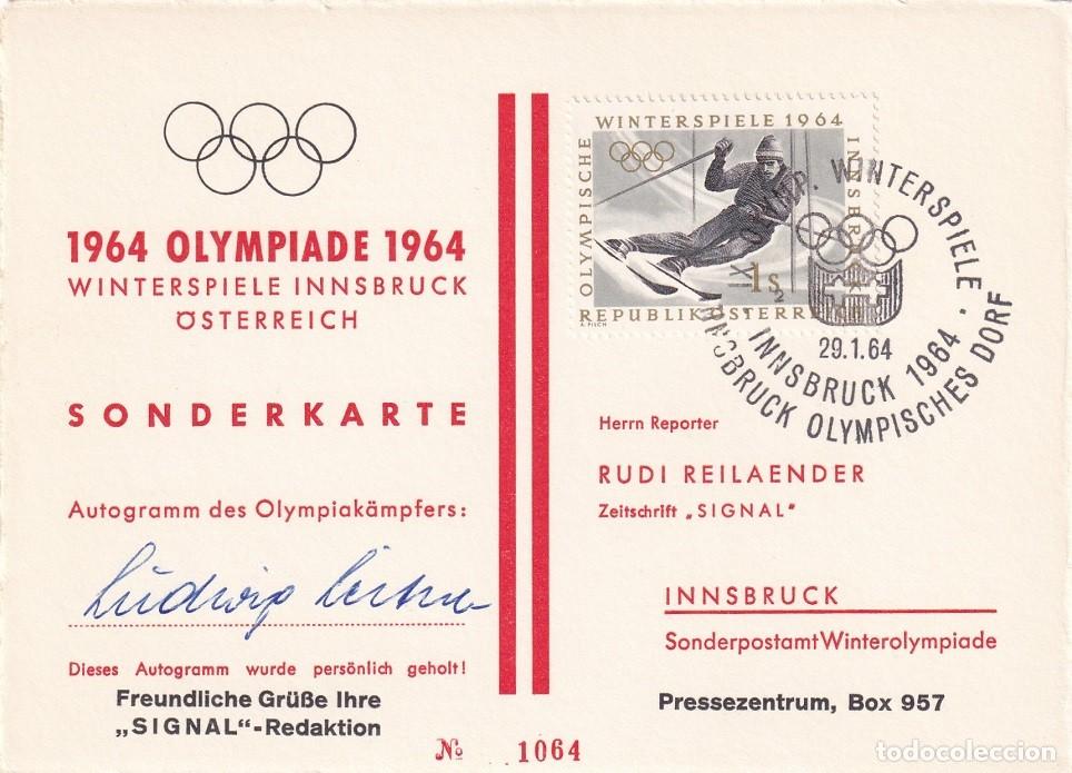 Sellos: Austria 1964 Juegos Ol&iacute;mpicos de Innsbruck - Aut&oacute;grafo Ludwig Leitner - Tarjeta Especial Prensa