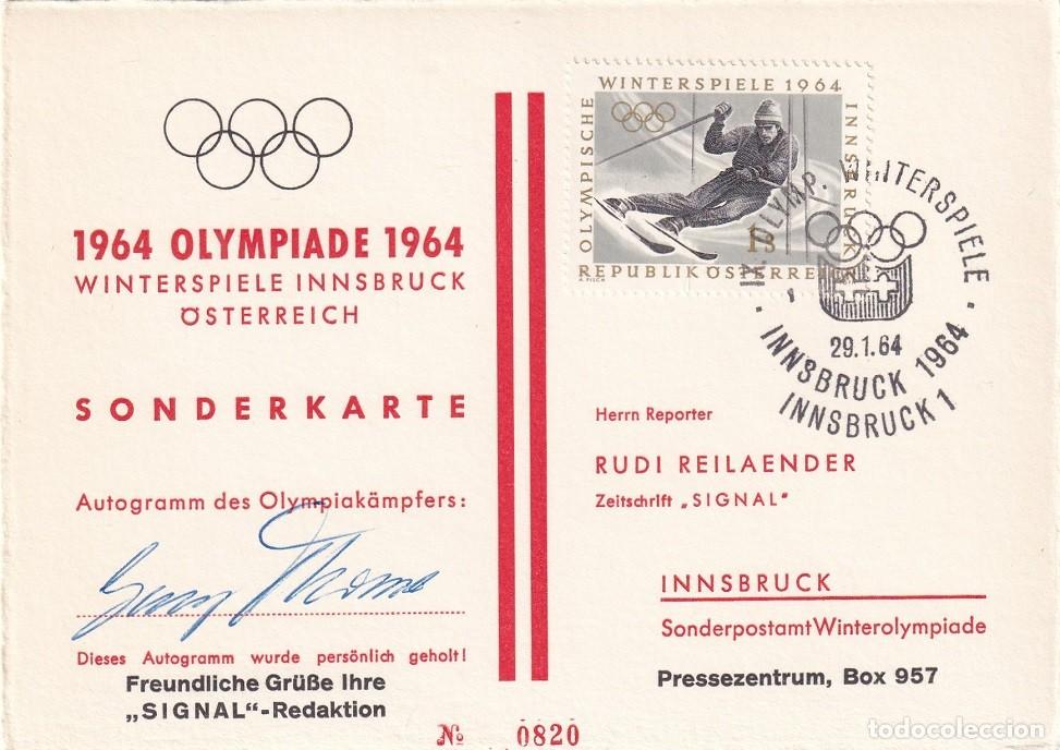 Sellos: Austria 1964 Juegos Ol&iacute;mpicos de Innsbruck - Aut&oacute;grafo Georg Thoma - Tarjeta Especial Prensa