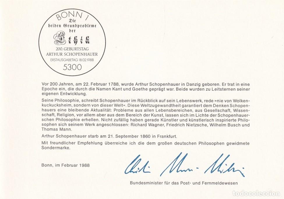 Timbres: D&iacute;ptico Alemania 1988 - Marcofilia - Bicentenario del nacimiento del fil&oacute;sofo Arthur Schopenhauer