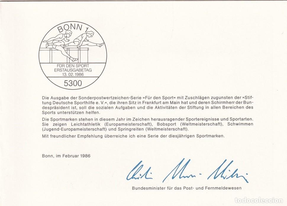 Stamps: D&iacute;ptico Alemania 1986 - Marcofilia - Pro deporte Bon y Berl&iacute;n Carrera Bobsleigh Nataci&oacute;n Equitaci&oacute;n