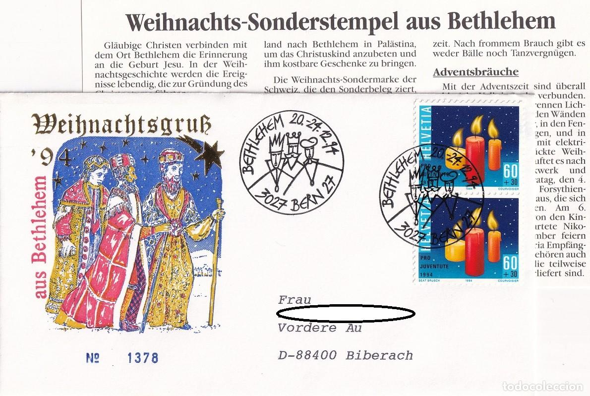 Timbres: FDC + Tarjeta Suiza 1994 - Navidad Weihnachtsgruss aus Bethlehem 94 - Pro juventud Navidad