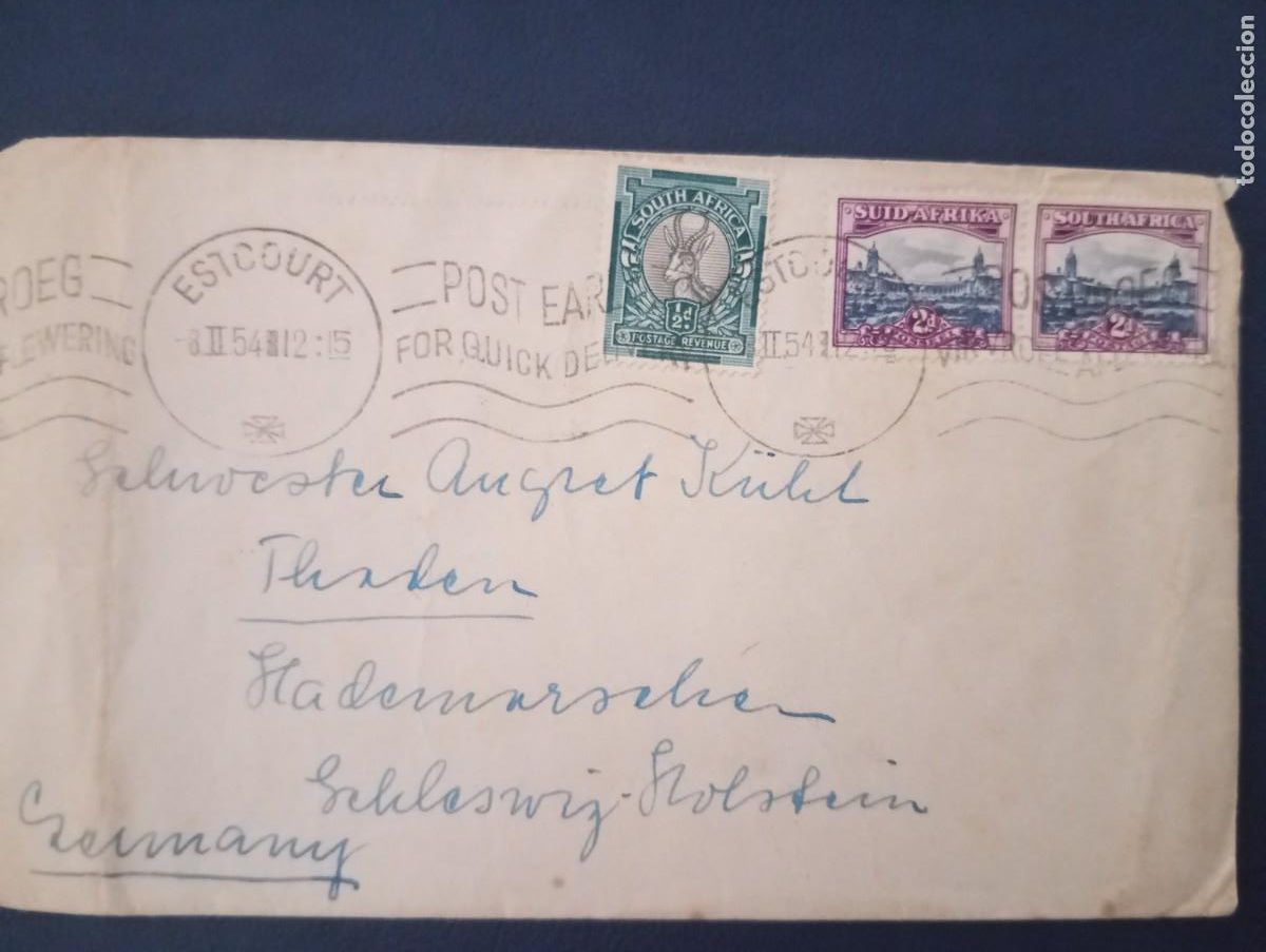 Sellos: SUD&Aacute;FRICA 1954, CARTA CIRCULADA A ALEMANIA. MATASELLOS ESCOURT