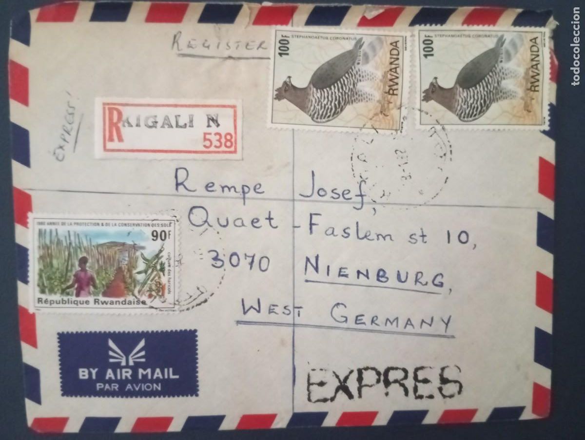 Sellos: RUANDA 1962, CERTIFICADO EXPR&Eacute;S A&Eacute;REO CIRCULADO A ALEMANIA. DORSO MAT TR&Aacute;NSITO Y LLEGADA