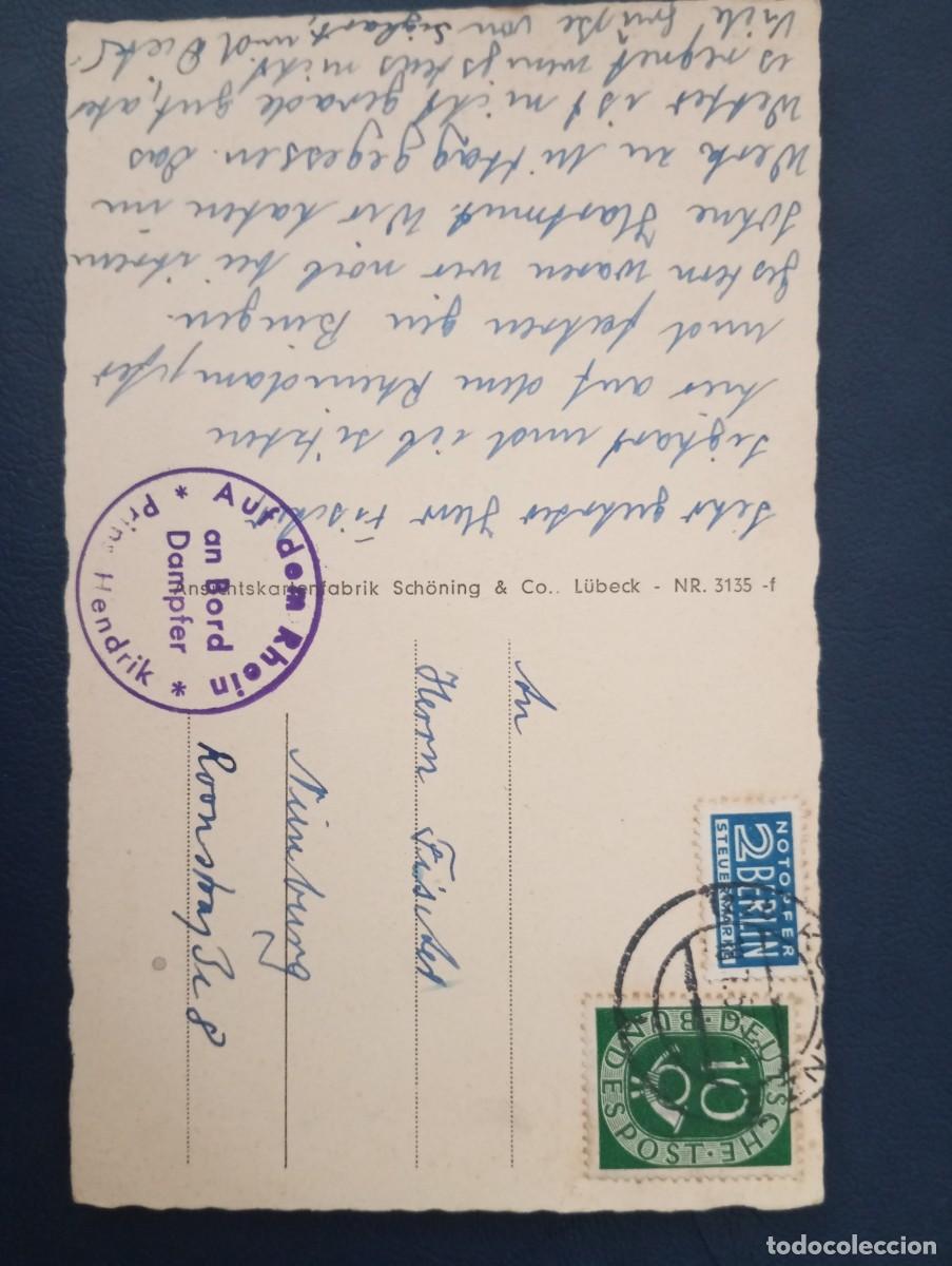 Sellos: POSTAL DEL CASTILLO DE RHEINSTEINN MANDADA DESDE EL BARCO PRINZ HENDRIK. 1953, PUENTE A&Eacute;REO