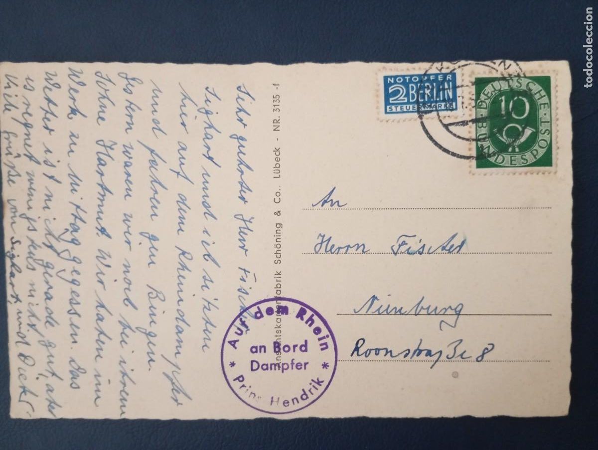 Sellos: POSTAL DEL CASTILLO DE RHEINSTEINN MANDADA DESDE EL BARCO PRINZ HENDRIK. 1953, PUENTE A&Eacute;REO