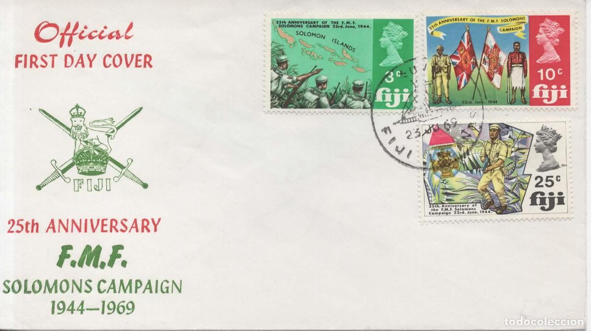 Sellos: FIJI FDC CAMPA&Ntilde;A DE LAS ISLAS SALOMON WW2 1969