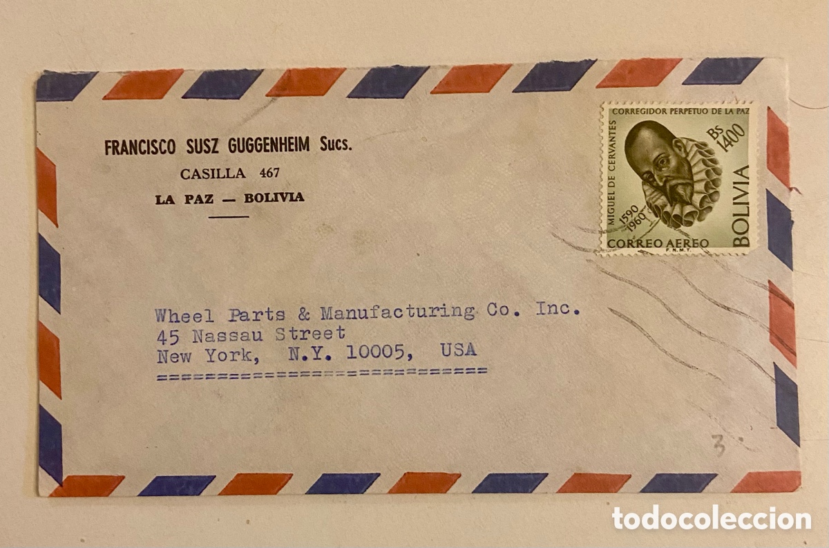 Sellos: SOBRE CIRCULADO CERVANTES DE LA PAZ (BOLIVIA) A NUEVA YORK 1960. CORREO AEREO