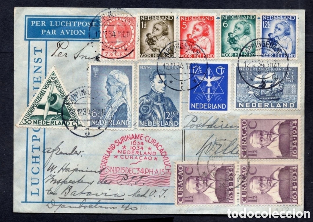 Sellos: Sellos filatelia sobre 1934 correo a&eacute;reo Holanda Curacao Indonesia