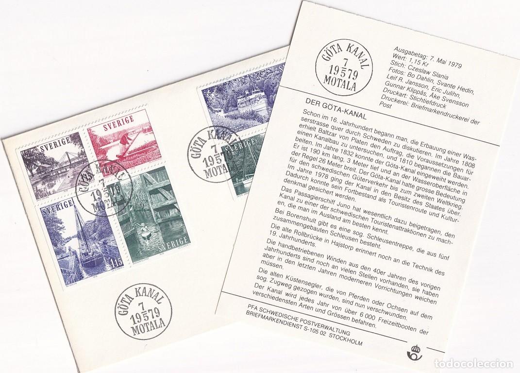 Timbres: FDC + Hoja informativa Suecia 1979 - Serie completa Turismo El Canal G&ouml;ta - Barco Juno - Esclusa d..
