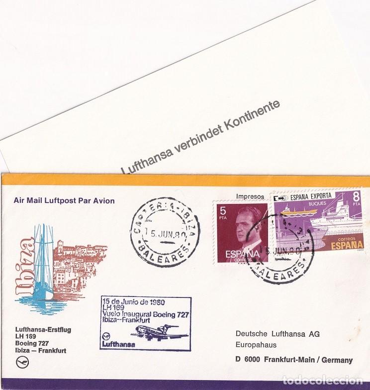 Briefmarken: Sobre + Tarjeta 1980 - Vuelo inaugural de Lufthansa LH 169 en Boeing 727 / De Ibiza a Frankfurt