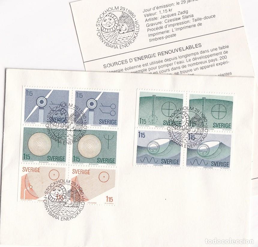Timbres: FDC + Tarjeta Suecia 1980 - Serie completa Fuentes de energ&iacute;as renovables E&oacute;lica Geot&eacute;rmica Solar ..