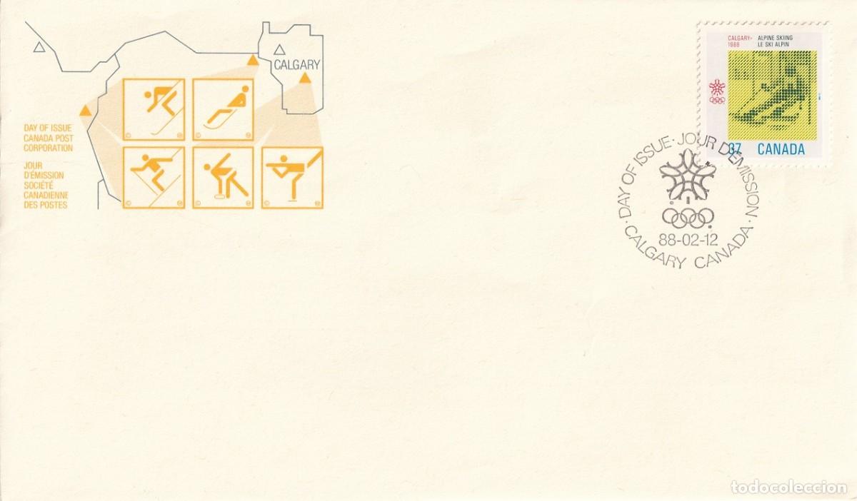 Selos: FDC Canad&aacute; 1988 - Juegos Ol&iacute;mpicos de Invierno Calgary - Esl&aacute;lom - Esqu&iacute; alpino - Anillos ol&iacute;mpicos