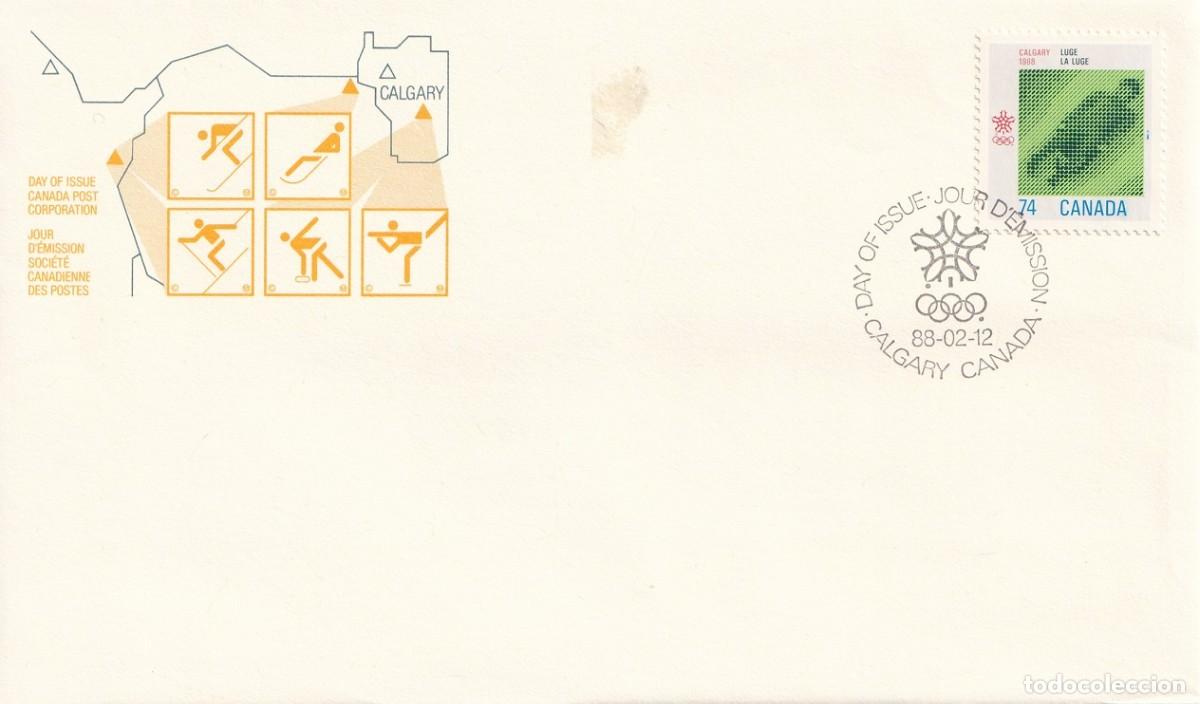 Stamps: FDC Canad&aacute; 1988 - Juegos Ol&iacute;mpicos de Invierno de Calgary - Luge Trineo - Hielo - Anillos ol&iacute;mpicos