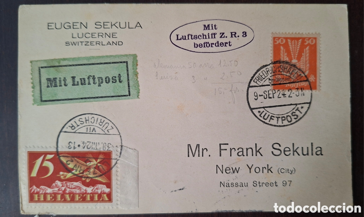 Sellos: Historia Postal tarjeta Filatelica Vuelo zeppelin Suiza Alemania a Estados unidos 1924
