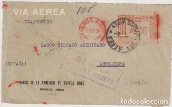 Sellos: Frontal de Carta de Buenos aires a Antequera del 2 Jun. 1936.Otro Fechador Aera V&iacute;a Condor de Ago. 1