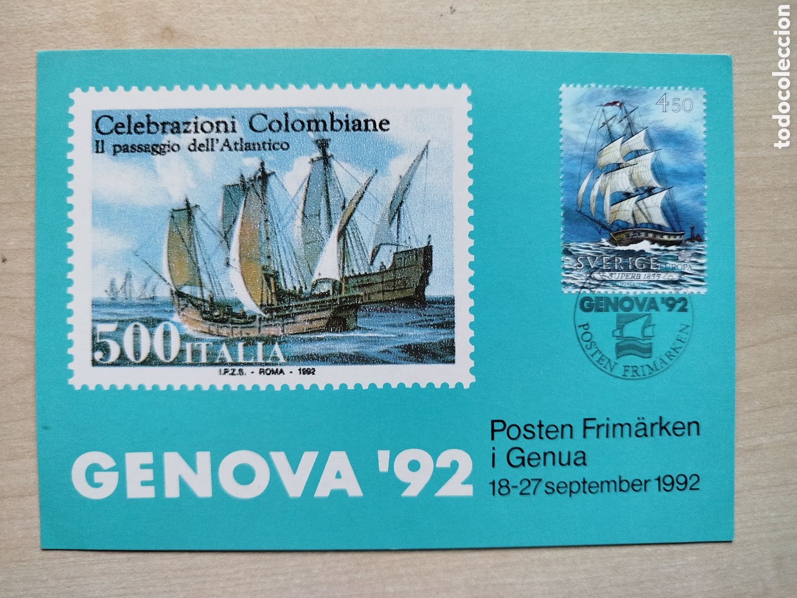 Sellos: Tarjeta Postal M&aacute;xima Suecia 1992 - Exposici&oacute;n Genova '92 Barco Bergant&iacute;n Superb