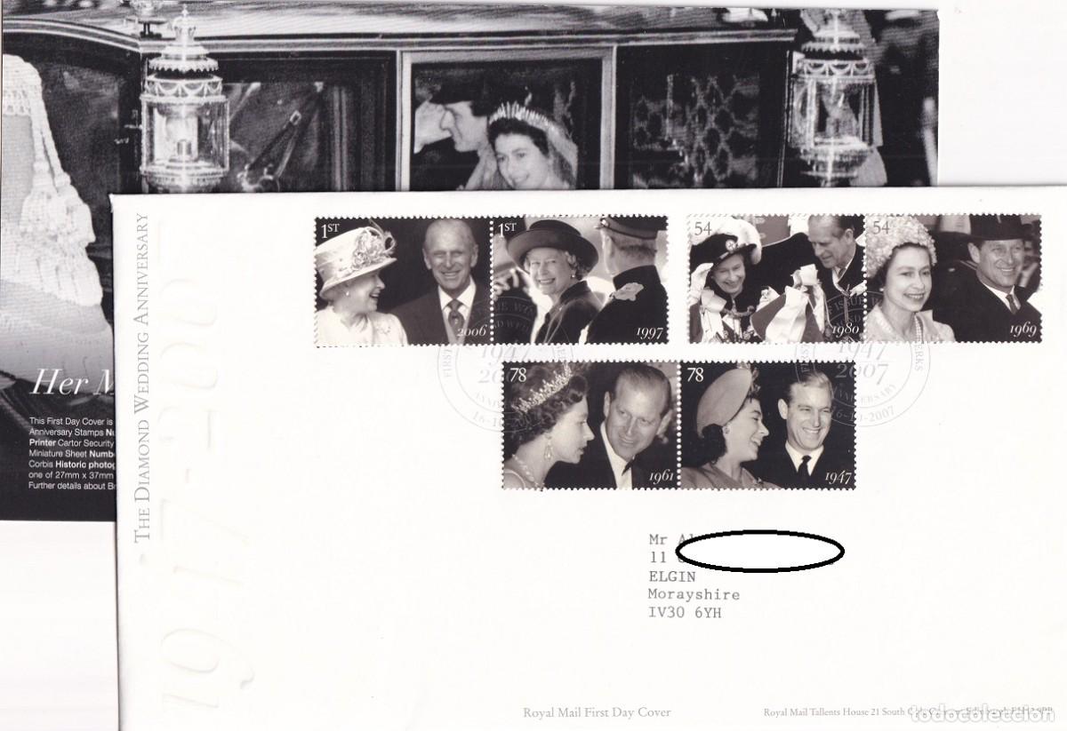 Stamps: FDC + Tarjeta Gran Breta&ntilde;a 2007 - Bodas de diamante de la Reina Isabel II y del Pr&iacute;ncipe Felipe