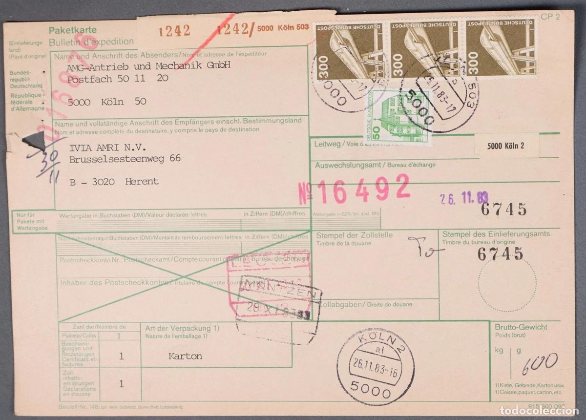 Sellos: ALEMANIA BOLETIN PAQUETE POSTAL KOLN A HERENT 1983 FERROCARRIL MONORAIL RAILWAY