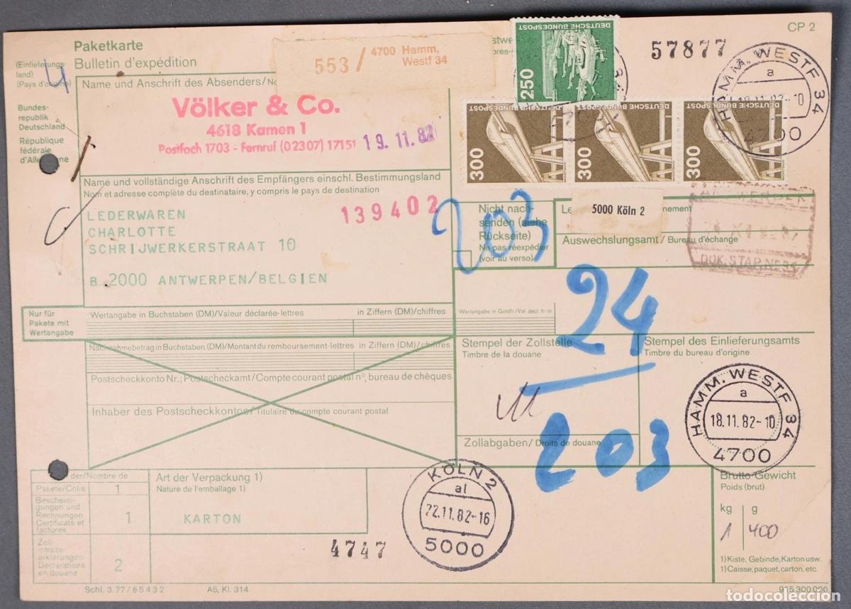 Sellos: ALEMANIA BOLETIN PAQUETE POSTAL KOLN A ANTWERPEN 1982 FERROCARRIL MONORAIL RAILWAY