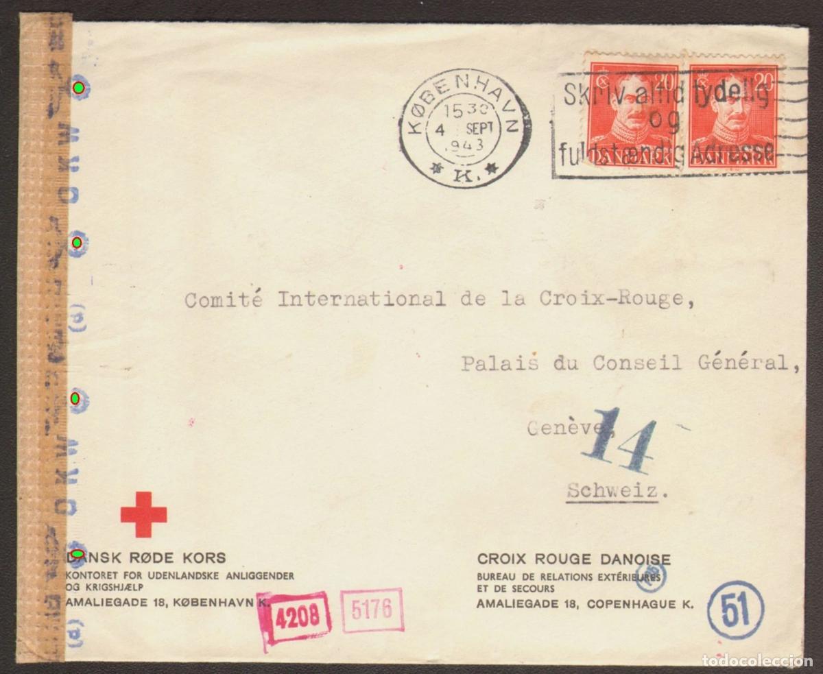 Sellos: DINAMARCA A GINEBRA 1942 AL COMITE INTERNACIONAL DE LA CRUZ ROJA CON CENSURA ALEMANA