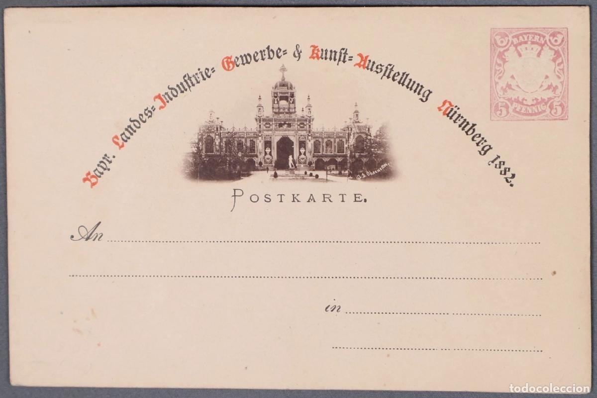 Sellos: ALEMANIA BAYERN ENTERO POSTAL 1882 EXPOSICION DE NURNBERG BAVIERA
