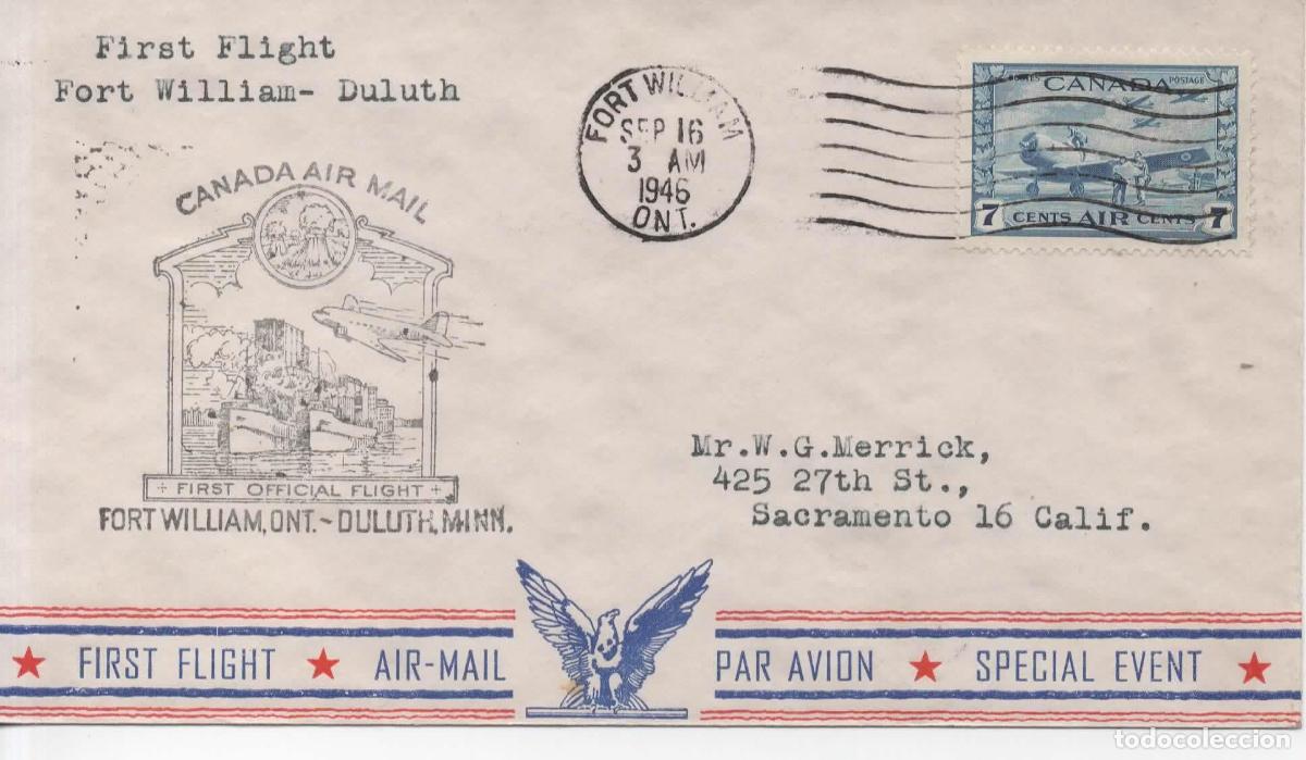Sellos: CANADA PRIMER VUELO 1946 FORT WILLIAM DULUTH BARCO SHIP