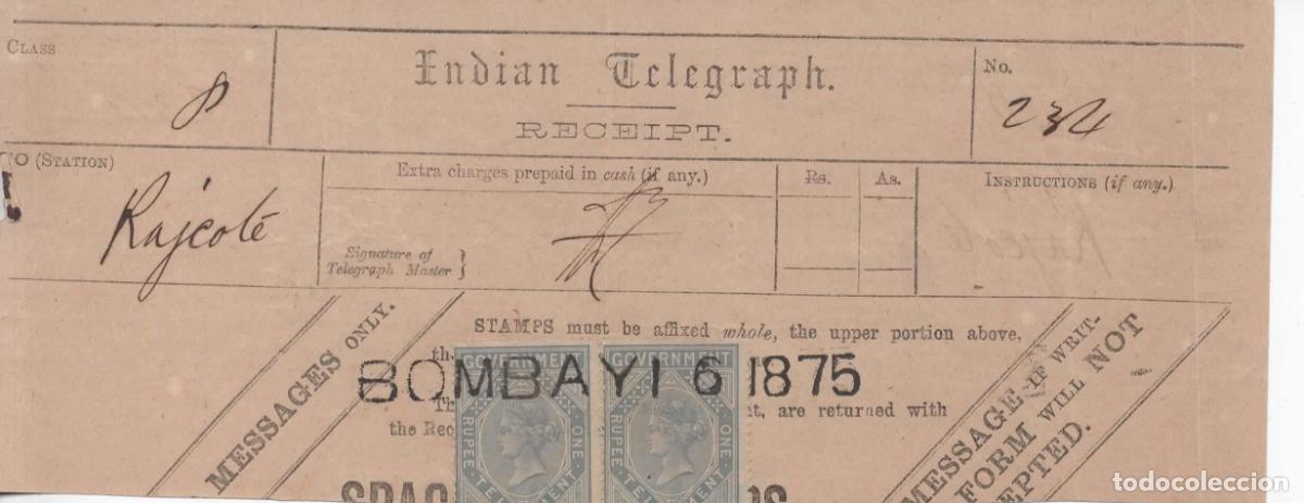 Sellos: INDIA BOMBAY RECIBO TELEGRAMA 1875 A RAJCOTE RAJKOT TELEGRAFO TELEGRAPH TELECOM