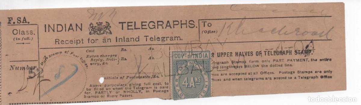 Sellos: INDIA BOMBAY RECIBO TELEGRAMA 1904 TELEGRAFO TELEGRAPH TELECOM
