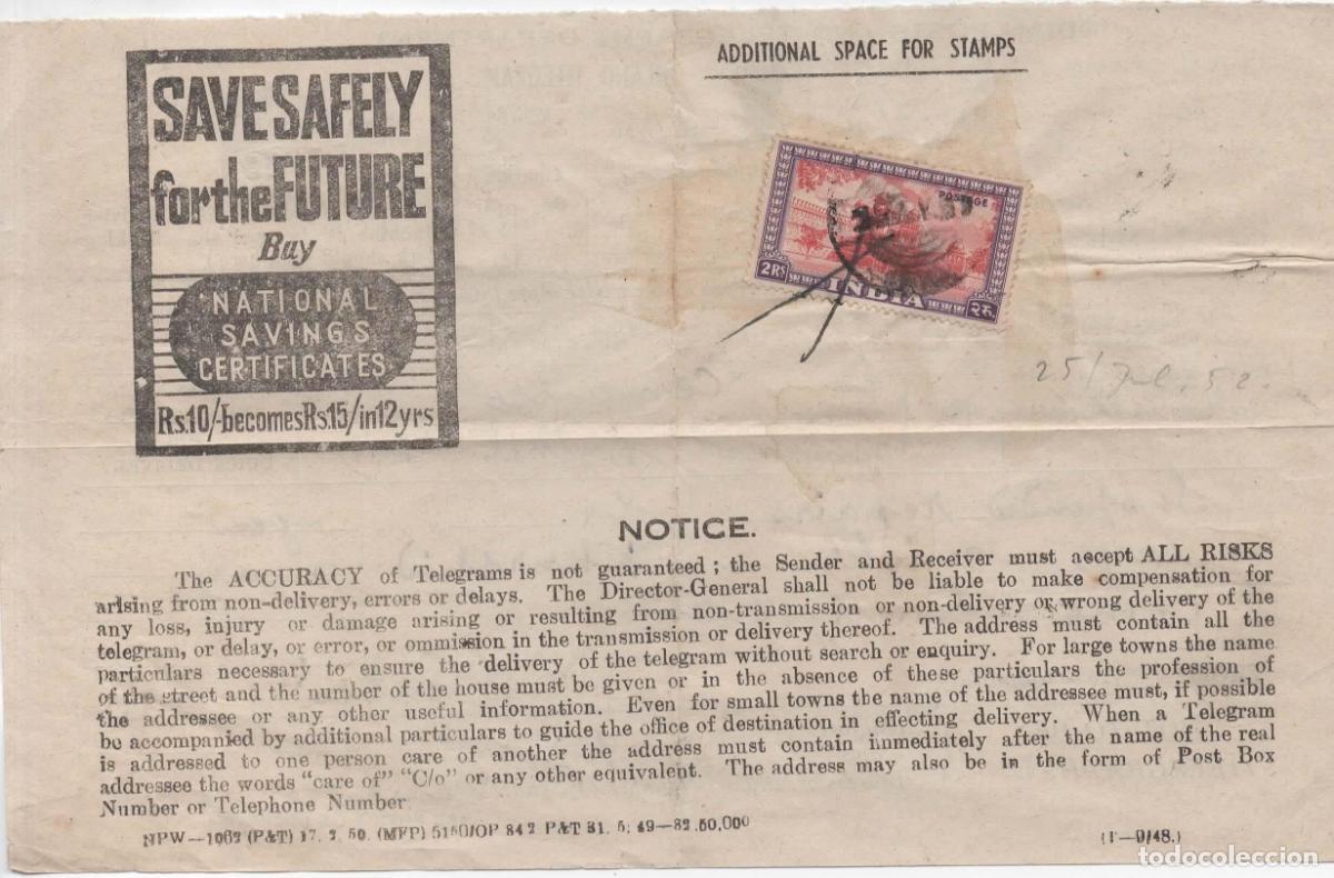 Sellos: INDIA TELEGRAMA TELEGRAFO TELEGRAPH TELECOM 1952