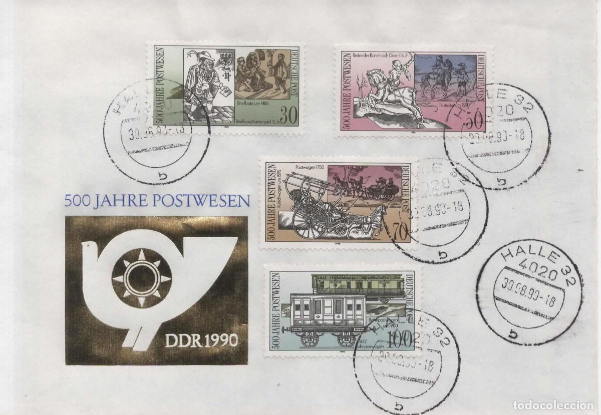 Sellos: ALEMANIA DDR FDC HALLE 500 A&Ntilde;OS DEL CORREO TRANSPORTE