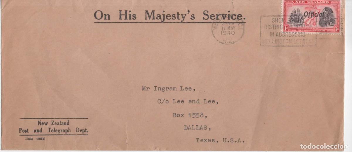 Sellos: NUEVA ZELANDA CC CORREO OFICIAL 1940 WELLINGTON COOK Y ENDEAVOUR