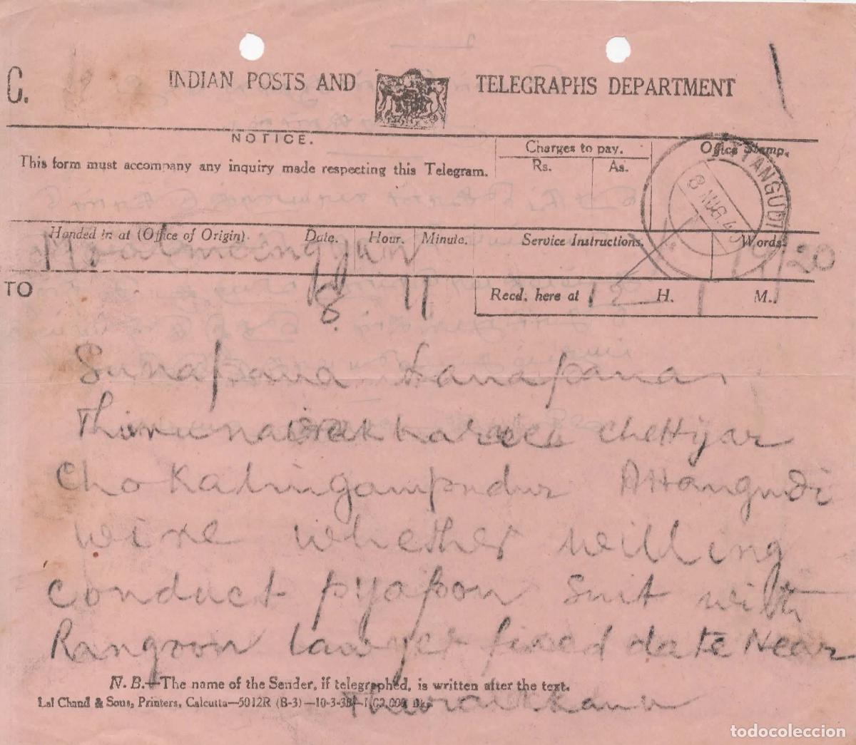 Sellos: INDIA TELEGRAMA 1940 TELEGRAPH TELECOM