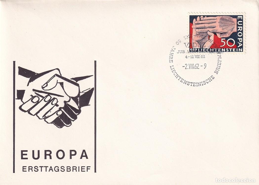 Sellos: FDC Liechtenstein 1962 Europa CEPT - Manos entrelazadas - 50 Aniv. Sellos Postales de Liechtenstein