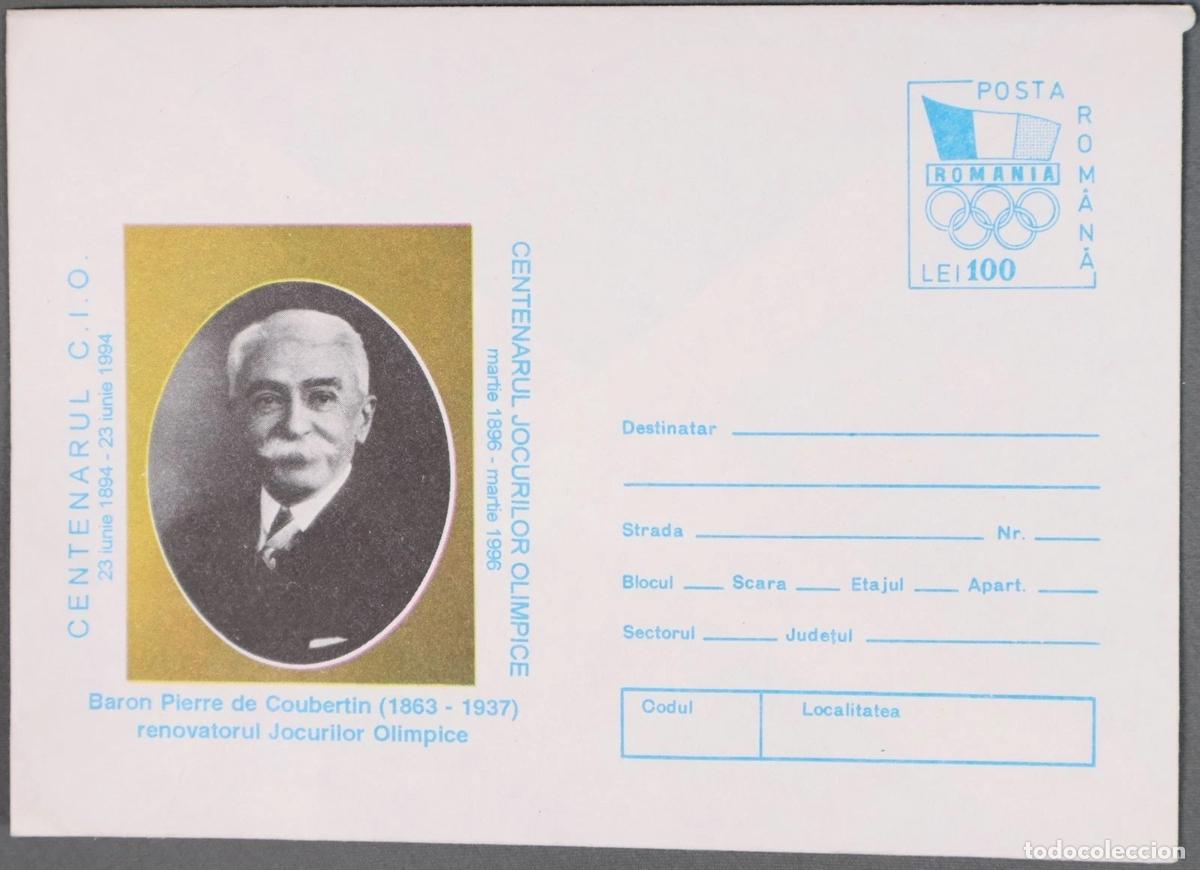 Sellos: RUMANIA ENTERO POSTAL PIERRE DE COUBERTIN JUEGOS OLIMPICOS COI IOC COMITE OLIMPICO