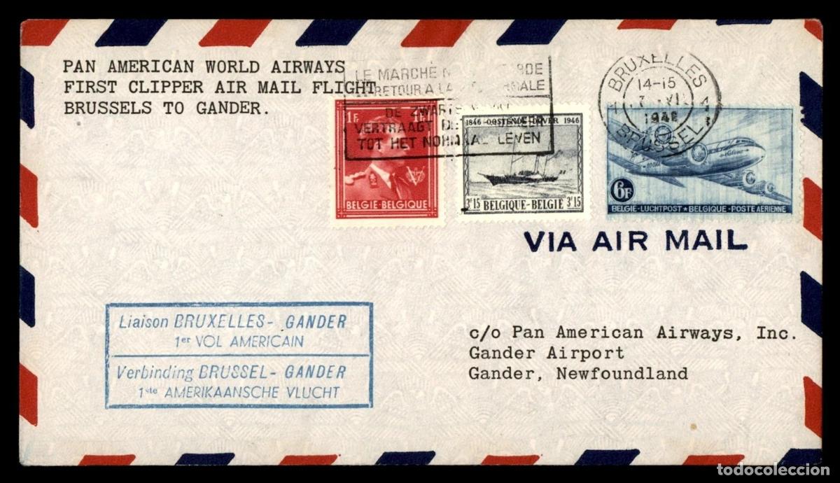 Sellos: BELGICA PRIMER VUELO BRUXELLES GANDER TERRANOVA 1946