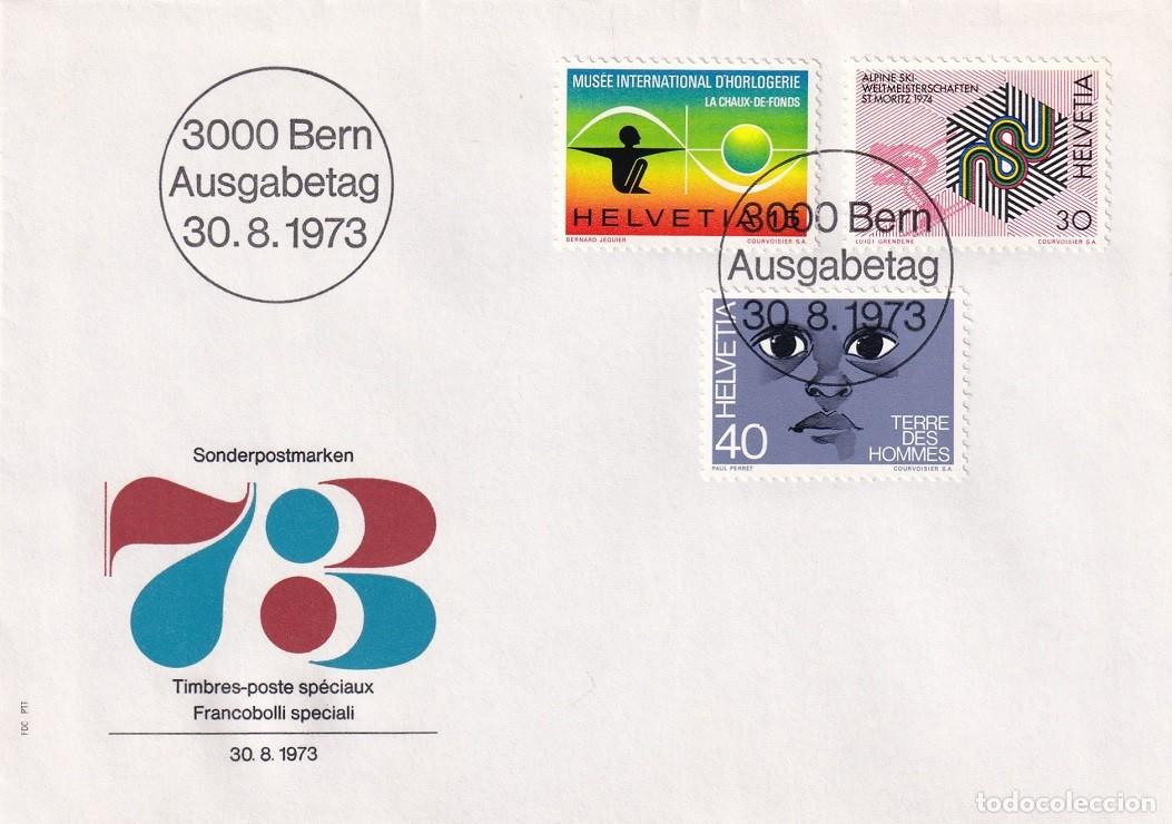 Sellos: FDC PTT Suiza 1973 - Museo Internacional reloj - Campeonato mundial esqu&iacute; - Tierra de los hombres