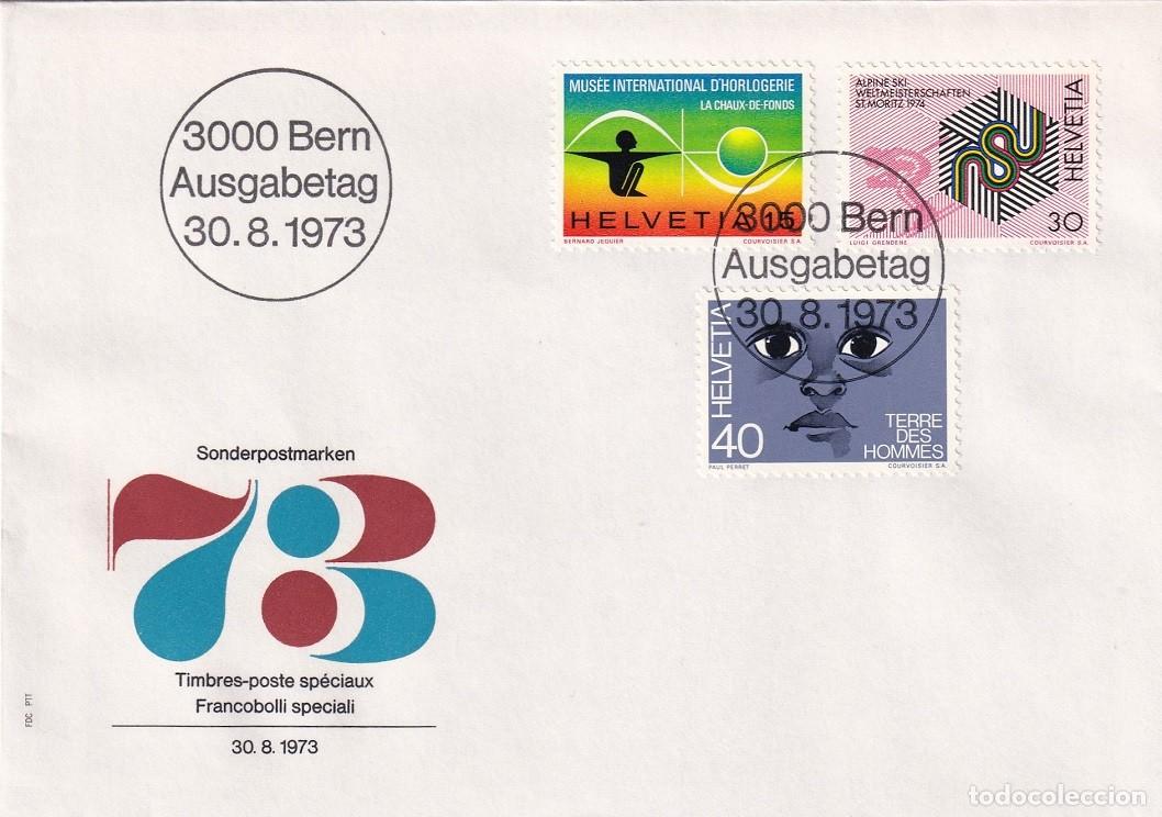 Sellos: FDC PTT Suiza 1973 - Museo Internacional reloj - Campeonato mundial esqu&iacute; - Tierra de los hombres