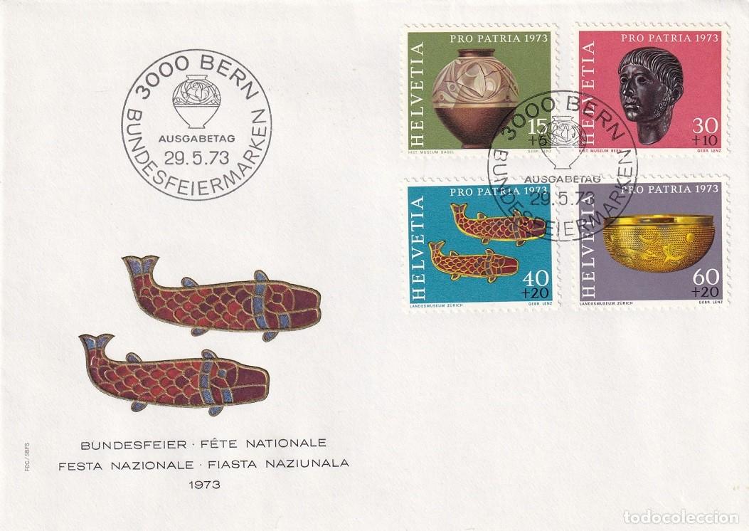 Sellos: FDC PTT Suiza 1973 - Pro patria Arqueolog&iacute;a - Jarr&oacute;n celta - Cabeza de galo - F&iacute;bulas pisciformes ..