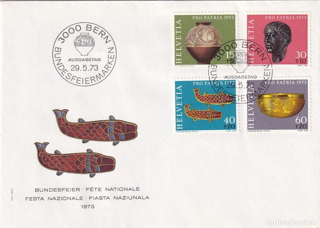 Sellos: FDC PTT Suiza 1973 - Pro patria Arqueolog&iacute;a - Jarr&oacute;n celta - Cabeza de galo - F&iacute;bulas pisciformes ..