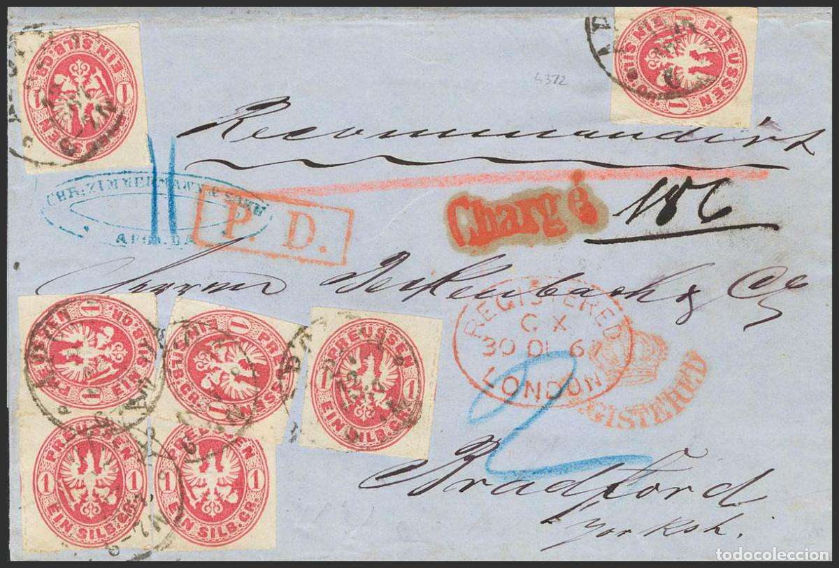 Sellos: Prusia. Yvert 17(7). 1867. 1 sgr rosa, siete sellos. Certificado de APOLDA a BRADFORD (INGLATERRA).
