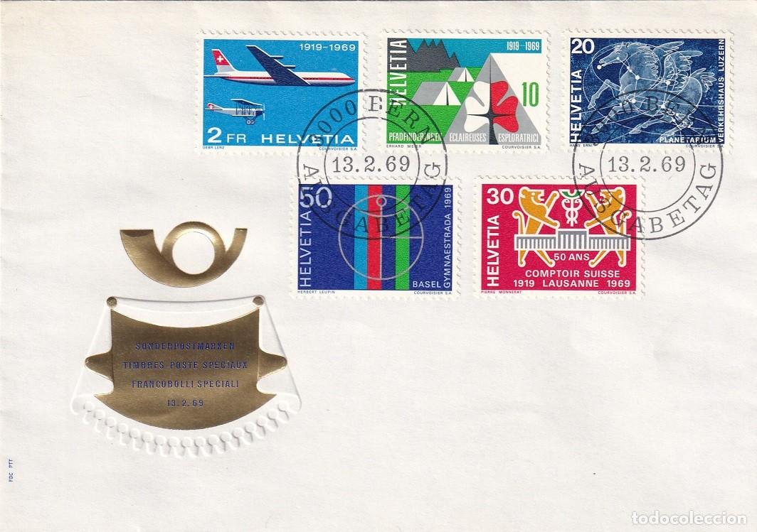 Sellos: FDC PTT Suiza 1969 - 50 Aniv. Scouts - 50 Aniv. Correo a&eacute;reo - Planetario de Lucerna - 5 Gimnastiada